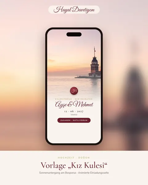 Instagram gönderisi (Almanca/Türkçe): Beispiel einer Hochzeitseinladung im Handy mit Sonnenuntergangs-Motiv