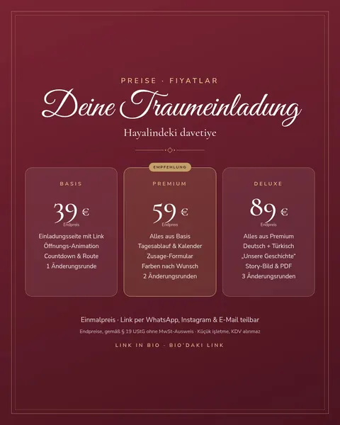 Instagram gönderisi (Almanca/Türkçe): Preise: Basis 39 €, Premium 59 €, Deluxe 89 €