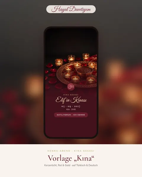 Instagram gönderisi (Almanca/Türkçe): Henna-Abend-Vorlage „Kına“ mit Kerzenlicht in Rot und Gold