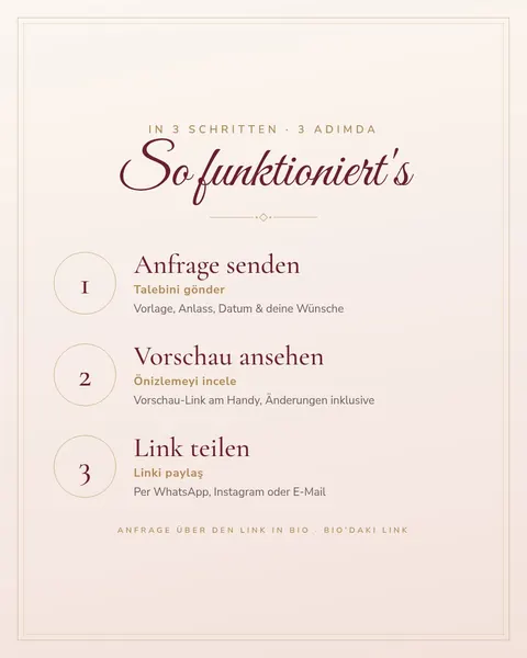 Instagram gönderisi (Almanca/Türkçe): So funktioniert es: Anfrage senden, Vorschau ansehen, Link teilen
