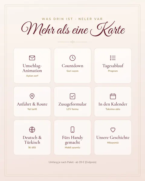Instagram gönderisi (Almanca/Türkçe): Was drin ist: Animation, Countdown, Anfahrt, Zusageformular und mehr