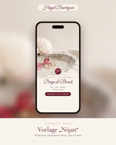 Instagram gönderisi (Almanca/Türkçe): Verlobungsvorlage „Nişan“ mit Pfingstrosen und Ringen in Creme