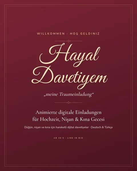 Instagram gönderisi (Almanca/Türkçe): Willkommen bei Hayal Davetiyem: animierte digitale Einladungen auf Deutsch und Türkisch