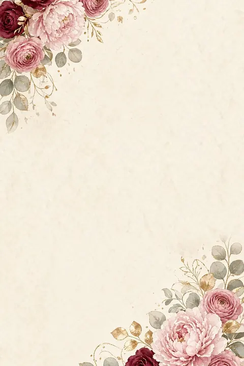 Şablon Blush & Bordo: Bouquets aus Bordo und Pudrarosa mit Eukalyptus auf Creme, oben links und unten rechts. Zweisprachig Türkisch und Deutsch.