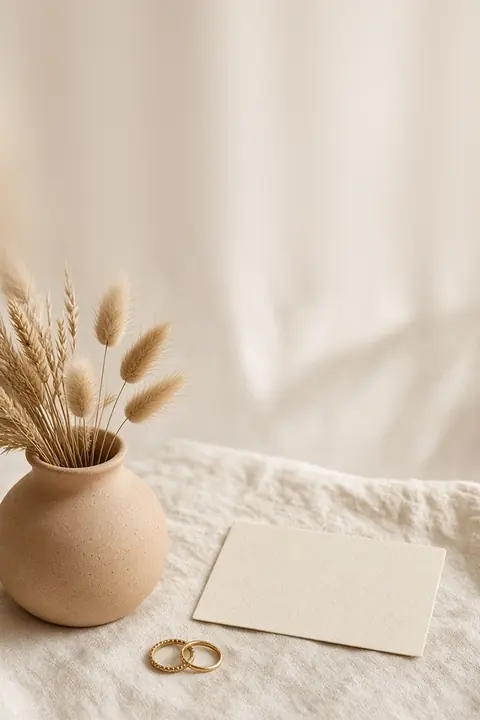 Şablon Pampas: Pampasgras, Keramikvase und Ringe: eine Boho-Einladung in warmen Naturtönen.