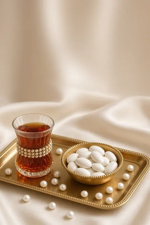 Şablon İnci & Çay: Altın tepside çay bardağı, badem şekeri ve inciler; söz ve nişan için birebir. Türkçe ve Almanca.