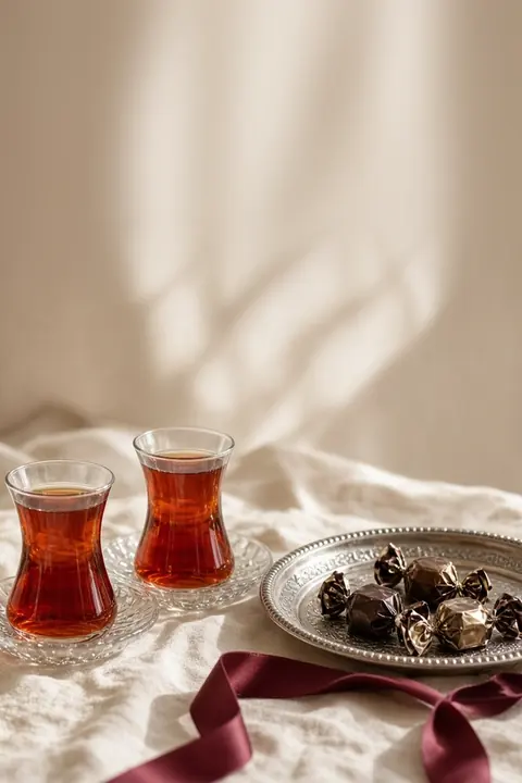 Şablon Söz: Çay bardakları, çikolata tepsisi ve kurdele; nişandan önceki söz için. Türkçe ve Almanca.